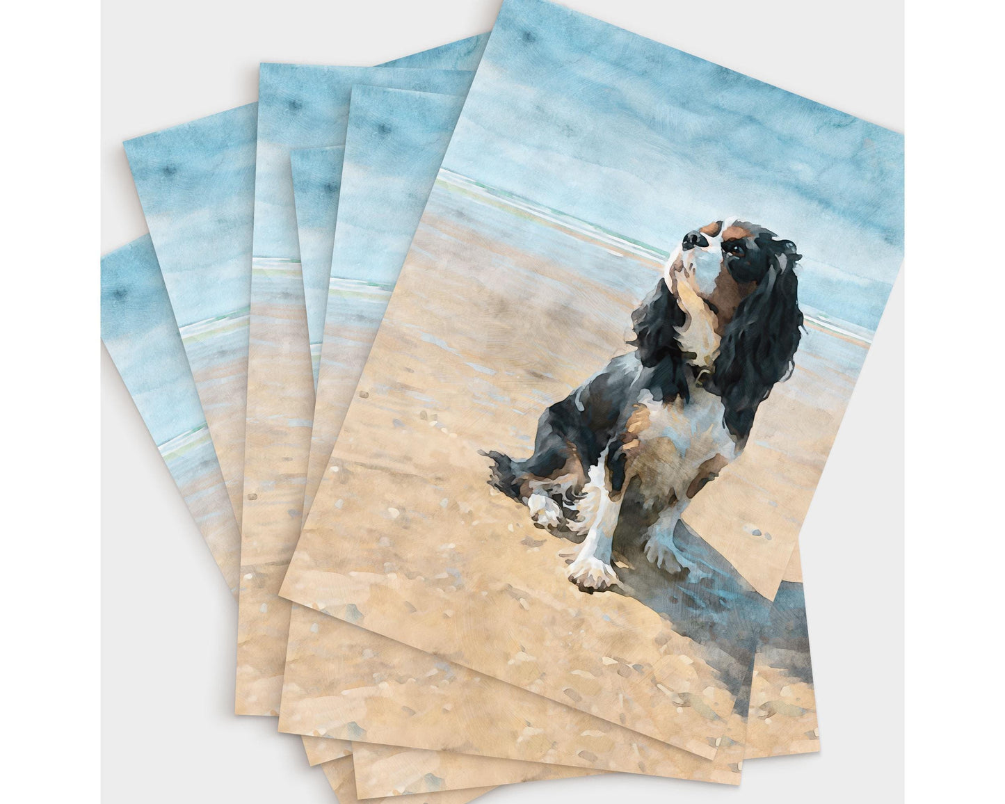 Tricolor Cavalier King Charles Spaniel Beach Watercolor Note Card