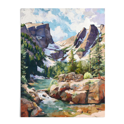 Colorful landscape painting depicting a mountain scene with rugged cliffs, snow patches, pine forests, and a turquoise river winding through rocky terrain. The sky is bright with soft clouds, and the brushwork is loose and expressive, blending modern impressionist and watercolor styles. The artwork captures the grandeur and tranquility of alpine wilderness.