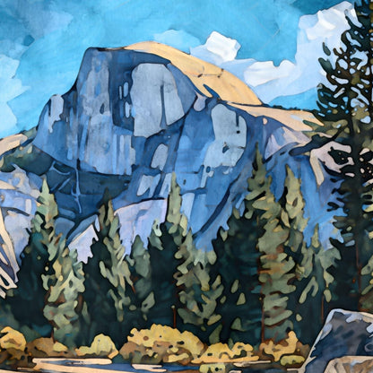 Watercolor-style painting of Yosemite’s Half Dome, featuring the iconic granite peak in shades of blue and gray with golden highlights, framed by tall pine trees and yellow-green shrubs under a bright blue sky with scattered clouds.