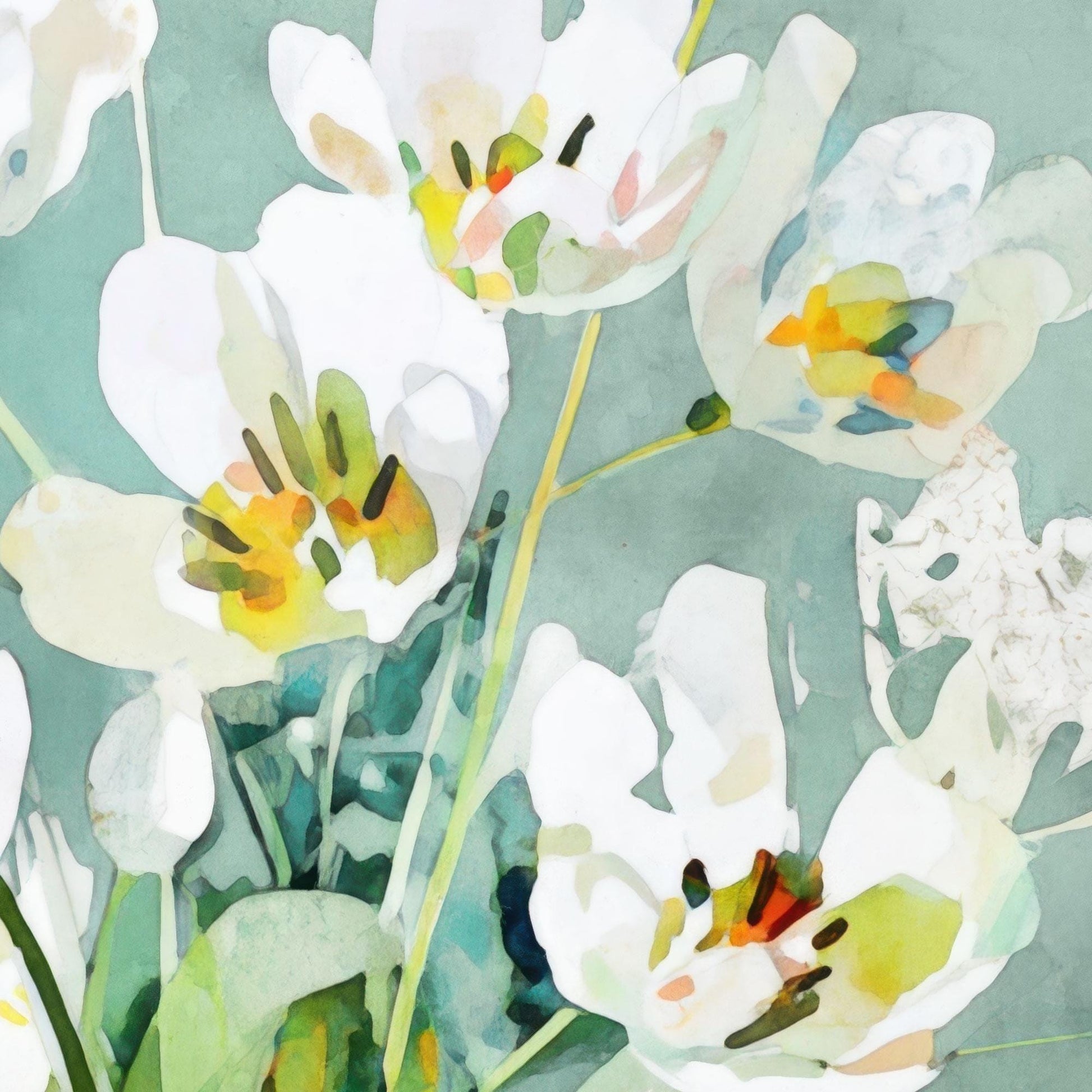 Close-up of a watercolor-style painting of white tulips with yellow and green centers against a soft teal background. The loose, layered brushstrokes and translucent petals create a dreamy, modern botanical look.