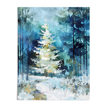A watercolor-style painting of a glowing white Christmas tree set in a snowy forest. Deep blues, teals, and soft greens form an atmospheric backdrop of tall trees and winter shadows, while delicate splashes of light suggest gentle snowfall and a peaceful holiday glow.