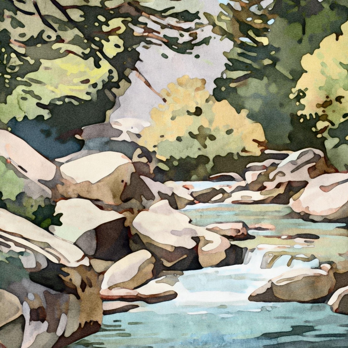 Watercolor painting of a mountain stream flowing over rocks, surrounded by pine trees and sunlit foliage in shades of green, gold, and brown, with soft, fluid brushstrokes creating a serene natural scene.