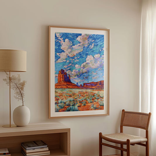 Large framed painting of Monument Valley with vivid red rock formations, desert plants, and a sky filled with textured clouds in shades of blue, white, and purple, displayed on a neutral wall above a console table with a lamp and vase.