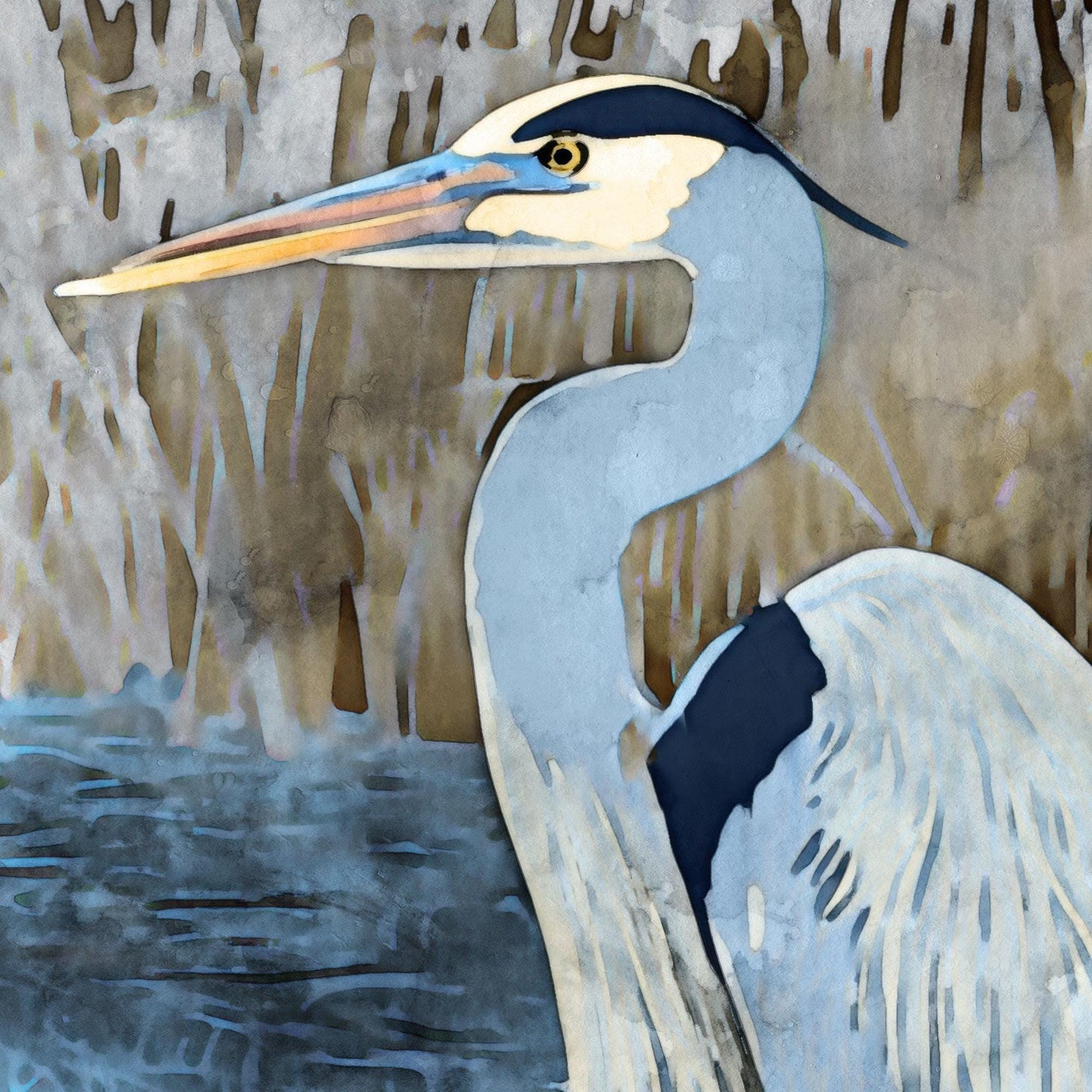 Close-up detail of a watercolor-style heron illustration, focusing on the bird’s head, long orange beak, and elegant neck. The heron’s blue-gray feathers contrast with the warm brown reeds and soft rippling water in the background.