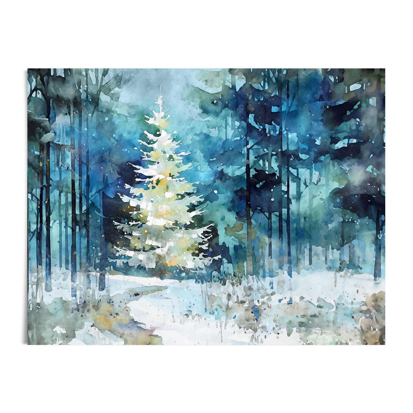 Watercolor painting of a glowing white Christmas tree set in a snowy forest. Deep blues and greens form tall, shadowy pines around the bright tree, with soft yellow lights scattered through its branches. Snow-covered ground and loose, fluid brushstrokes create a serene, wintry atmosphere.