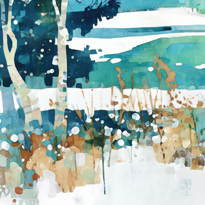 Close-up of a watercolor winter landscape, showing snowy ground, golden-brown grasses, and tree trunks with abstract brushstrokes in teal, blue, and earthy tones.