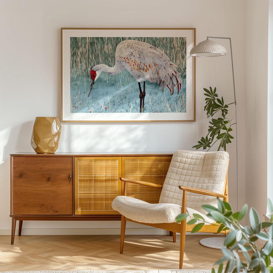 Framed watercolor painting of a sandhill crane with a red crown and gray feathers, standing in shallow water among tall grasses. The artwork hangs above a mid-century modern wood sideboard with rattan doors, next to a cream upholstered chair and floor lamp in a bright, stylish living room.