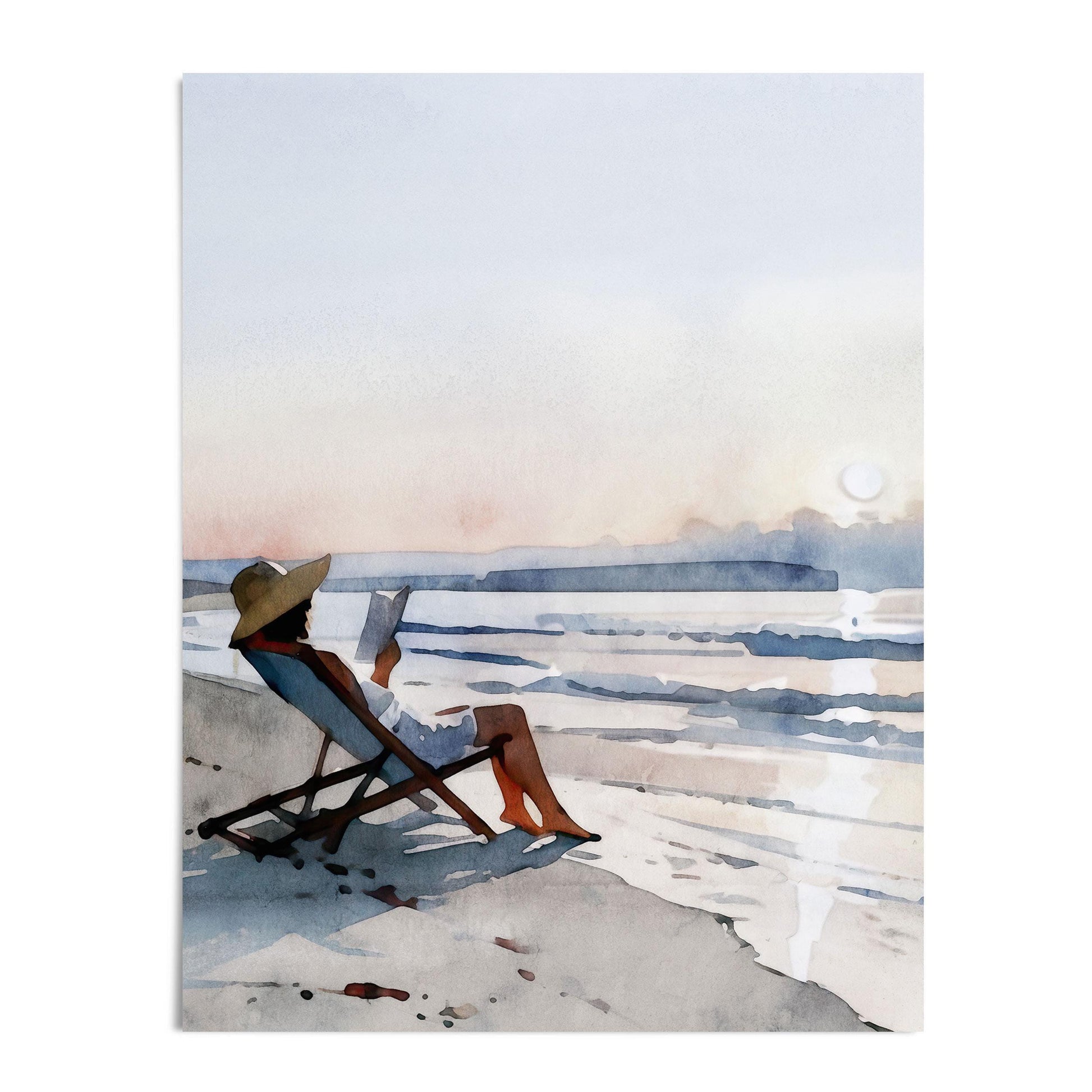 Watercolor painting of a woman lounging in a beach chair with a wide sun hat, reading a book by the shoreline. Gentle waves roll in under a soft pastel sky, with the sun low on the horizon, creating a calm and serene coastal scene.
