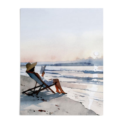 Watercolor painting of a woman lounging in a beach chair with a wide sun hat, reading a book by the shoreline. Gentle waves roll in under a soft pastel sky, with the sun low on the horizon, creating a calm and serene coastal scene.