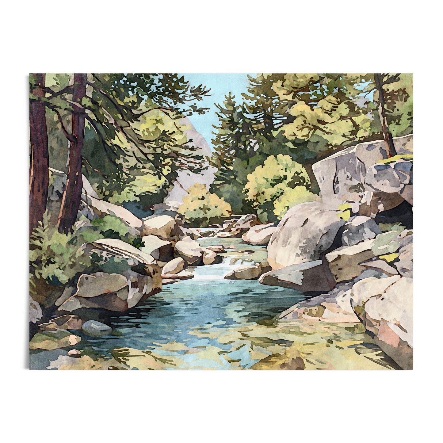 Watercolor landscape painting of a clear mountain stream flowing between large rocks, framed by tall pine trees and sunlit green foliage under a bright blue sky.