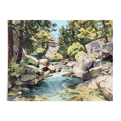 Watercolor landscape painting of a clear mountain stream flowing between large rocks, framed by tall pine trees and sunlit green foliage under a bright blue sky.