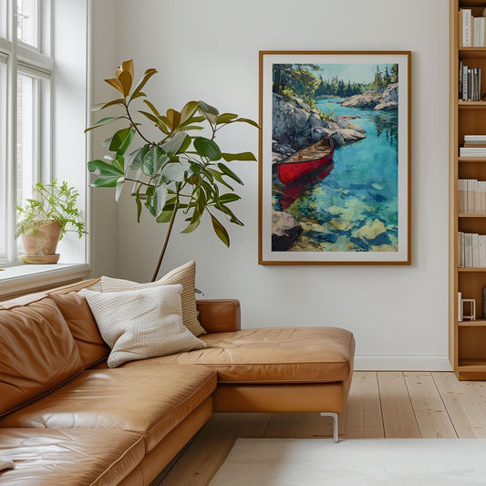 Framed art print of a red canoe floating in clear turquoise water beside rocky cliffs, hanging on a white wall in a modern living room. A tan leather sectional, soft neutral pillows, a tall potted plant, and built-in wood shelves surround the artwork, with natural light streaming from large windows.