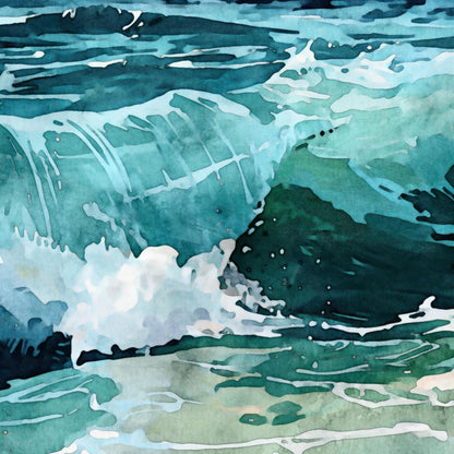 Close-up watercolor painting of an ocean wave cresting, with deep teal, turquoise, and seafoam green tones, capturing the fluid motion of water and frothy white surf.