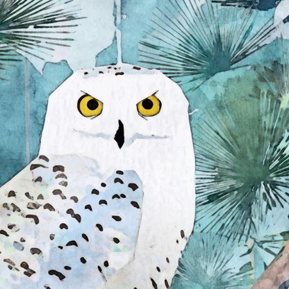 Close-up of a watercolor-style snowy owl with vivid yellow eyes and soft gray and brown markings, set against a cool blue-green background of abstract pine needles and branches.
