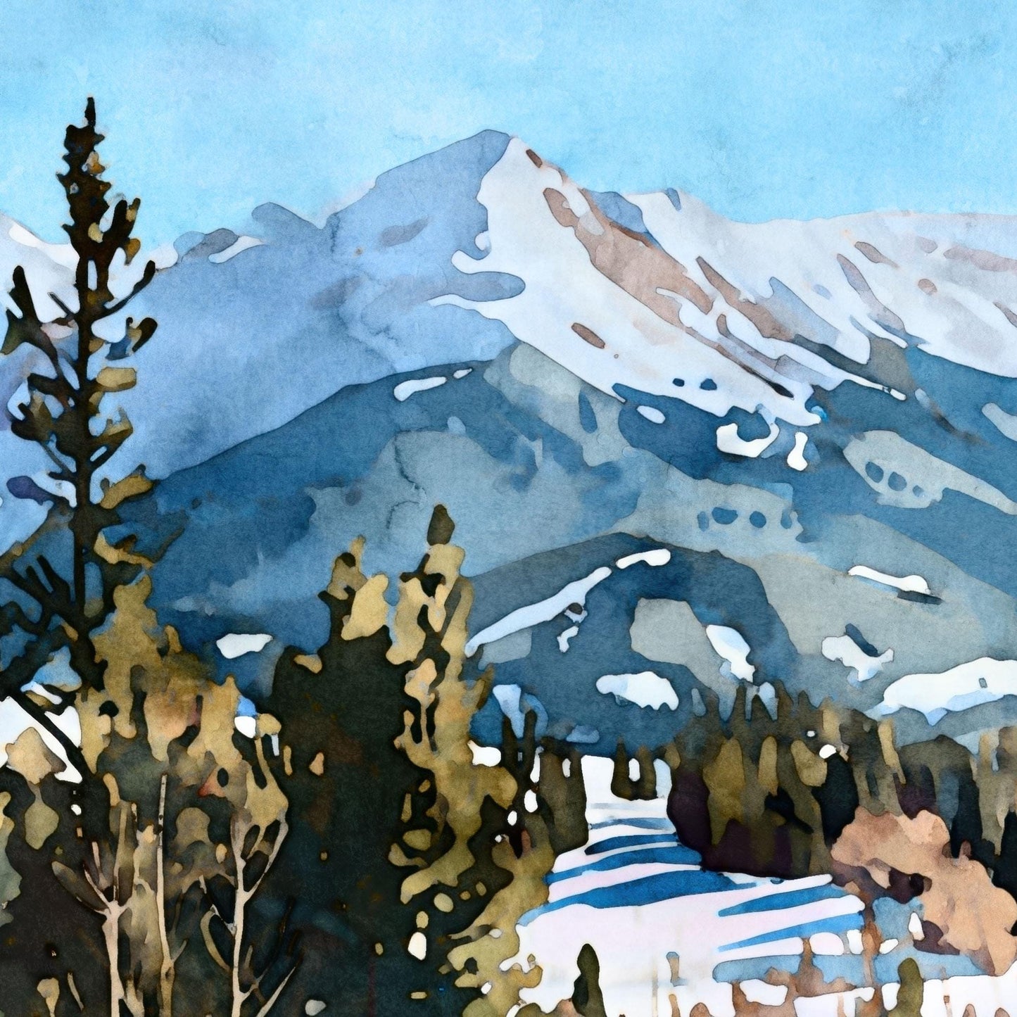 Watercolor painting of a snow-covered mountain peak with soft blue and gray tones, framed by tall evergreen trees in the foreground under a clear blue sky.