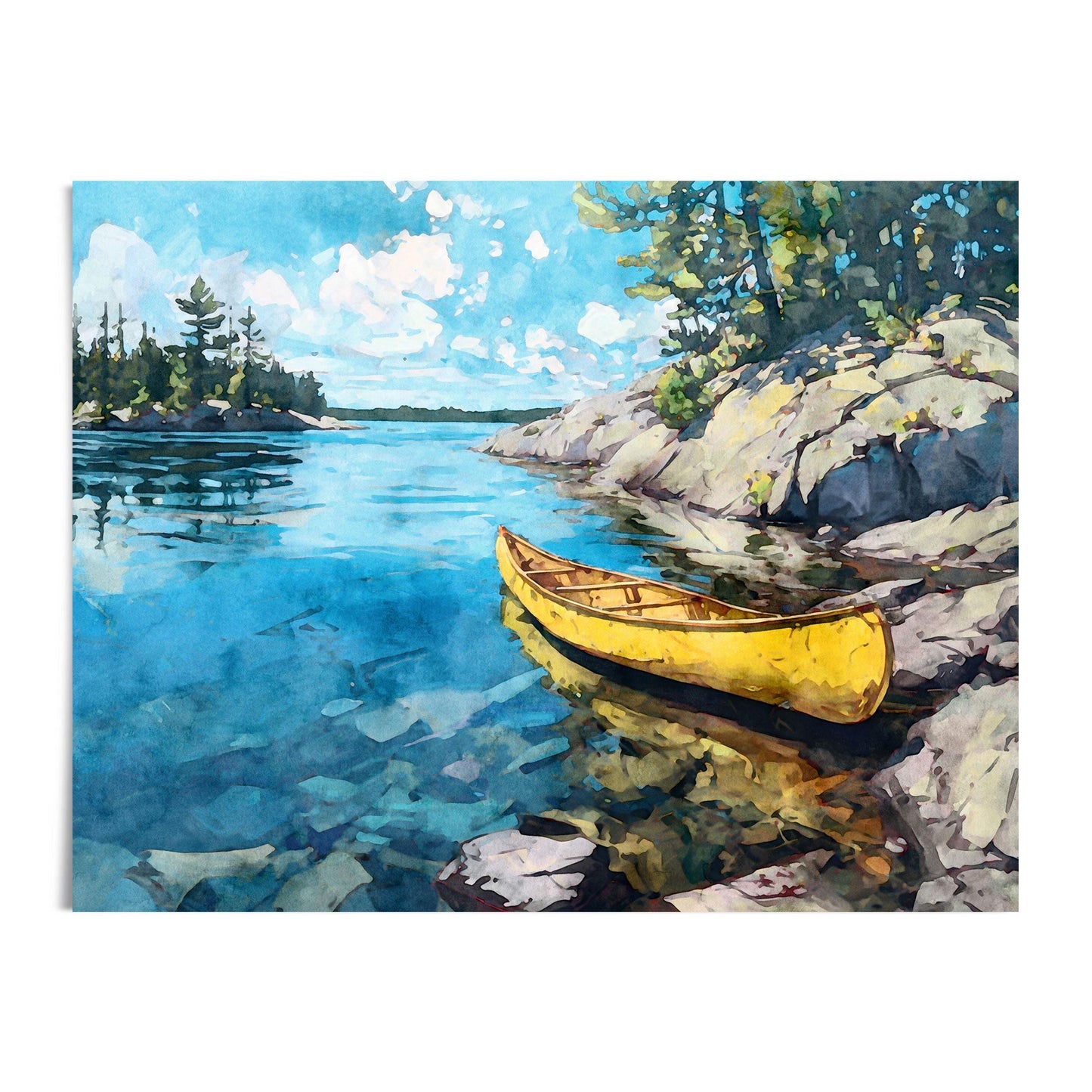 Watercolor-style art print featuring a bright yellow canoe resting beside rocky shoreline on a clear blue lake. Sunlit water reflects the canoe and surrounding pines, with soft brushstrokes showing stones beneath the surface and a bright sky filled with clouds. The artwork is displayed on a clean white background.