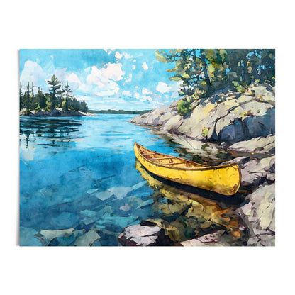 Watercolor-style art print featuring a bright yellow canoe resting beside rocky shoreline on a clear blue lake. Sunlit water reflects the canoe and surrounding pines, with soft brushstrokes showing stones beneath the surface and a bright sky filled with clouds. The artwork is displayed on a clean white background.