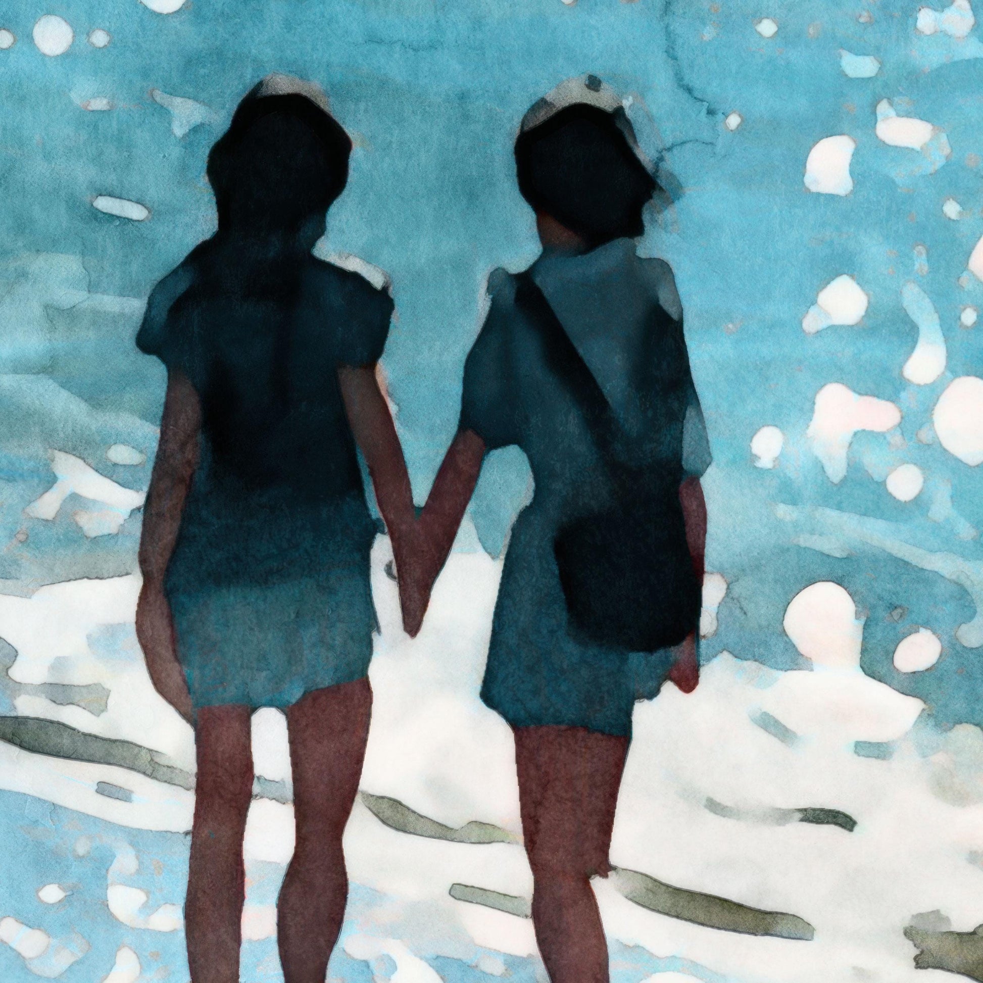 Close-up of a watercolor painting depicting two women walking hand in hand along the shoreline, with soft brushstrokes and dappled light effects capturing the sunlit ocean and foamy surf in serene shades of blue.