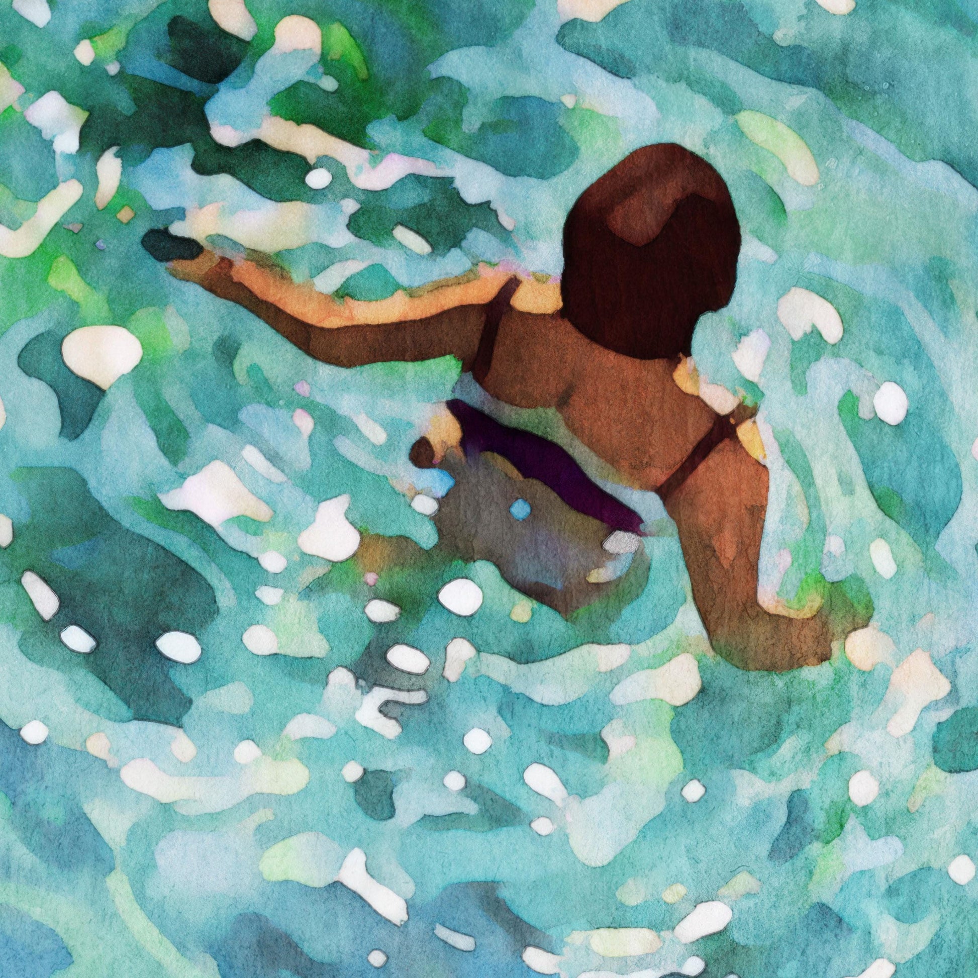 Watercolor painting close-up of a swimmer seen from above, wearing a dark swimsuit, moving through sunlit turquoise water with white reflections and rippling patterns.