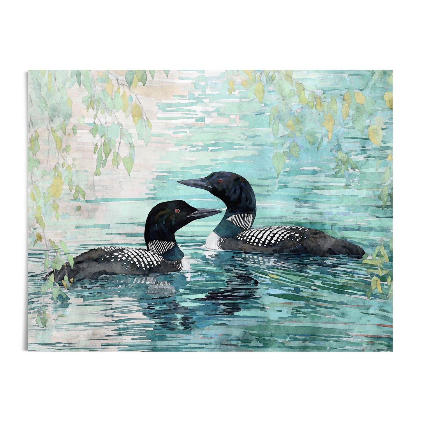 Watercolor painting of two loons floating on a calm lake, with reflections rippling across blue-green water. Their black heads, red eyes, and white-striped plumage stand out against leafy branches hanging above. The artwork is shown on a plain white background, emphasizing the serene nature scene.