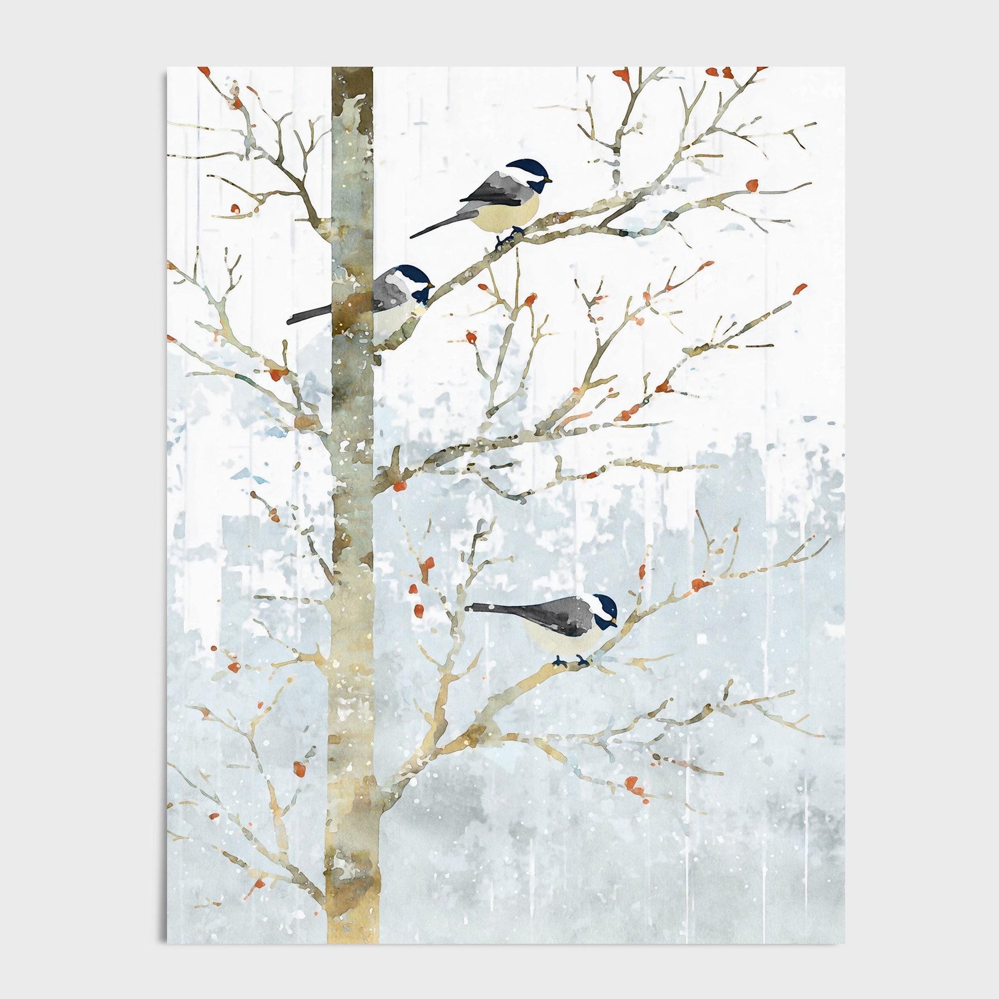 Watercolor-style illustration of a bare winter tree with three chickadees perched on its branches. Soft gray-blue washes suggest snowfall, with scattered orange berries adding warmth. The scene has a delicate, serene feel against a clean white background.