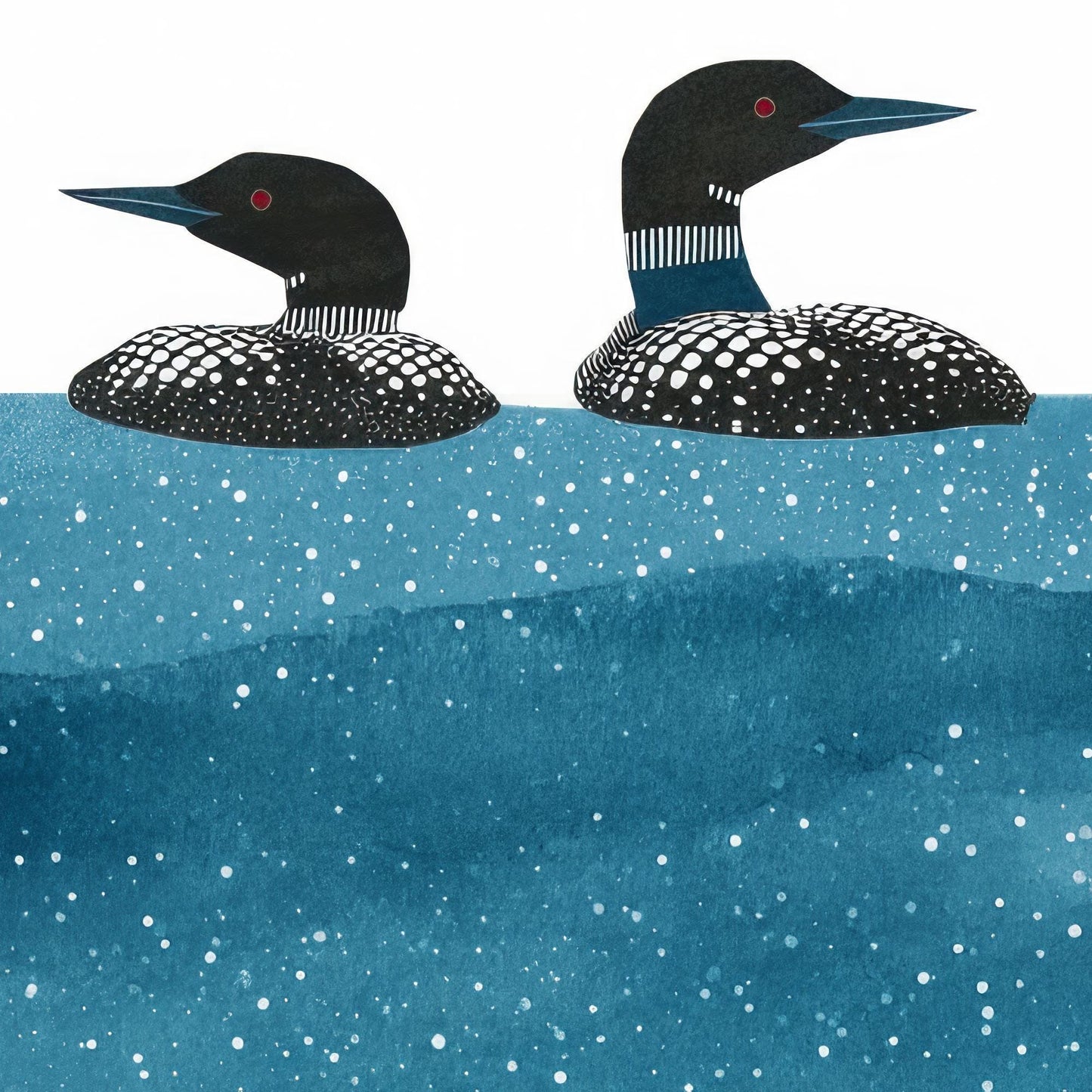 Close-up illustration of two common loons floating side by side in deep blue water. The birds have black heads, red eyes, and striking white-spotted plumage, with striped neck markings. The water is textured with watercolor-like shading and scattered white speckles, creating a starry, reflective effect against the clean white background.