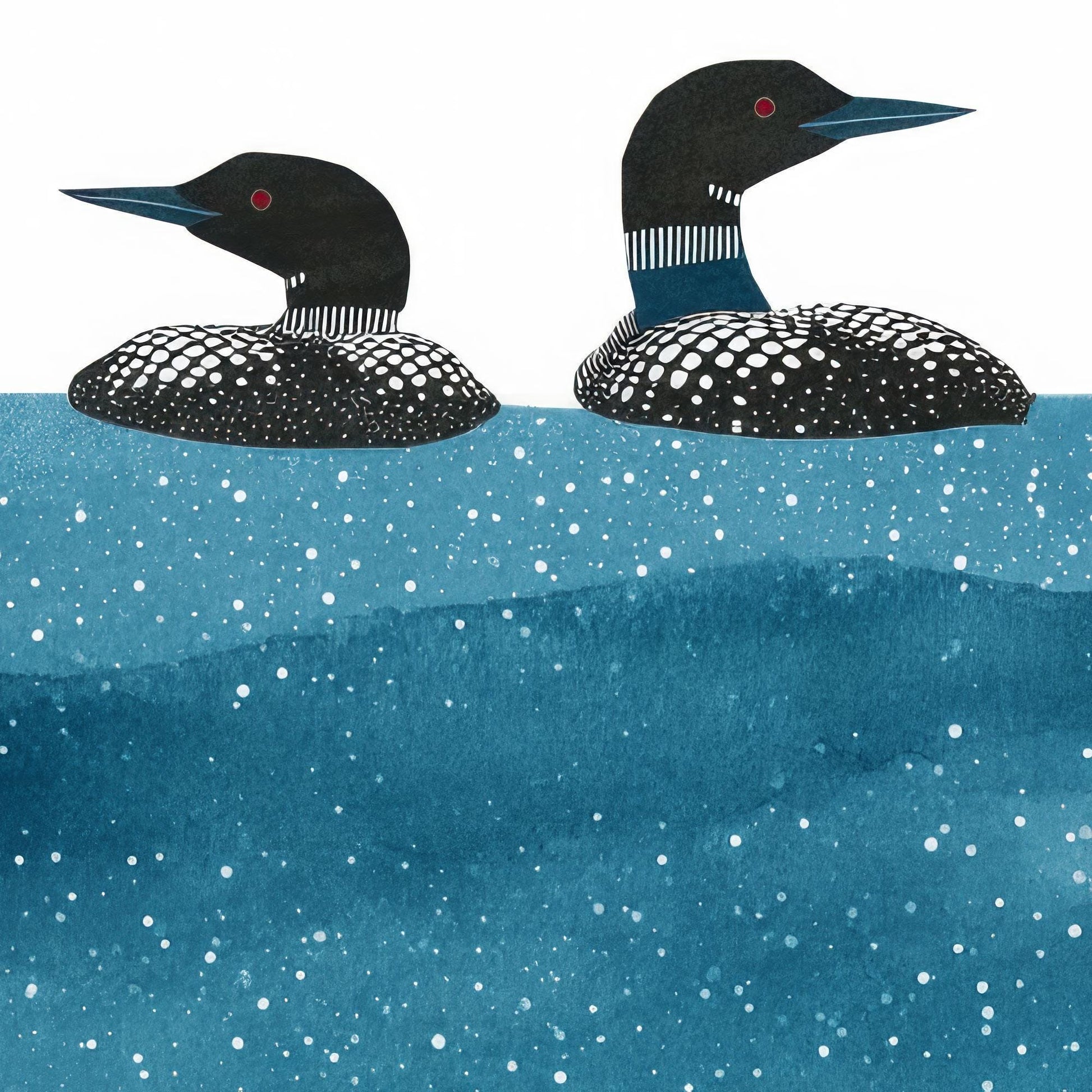 Close-up illustration of two common loons floating side by side in deep blue water. The birds have black heads, red eyes, and striking white-spotted plumage, with striped neck markings. The water is textured with watercolor-like shading and scattered white speckles, creating a starry, reflective effect against the clean white background.