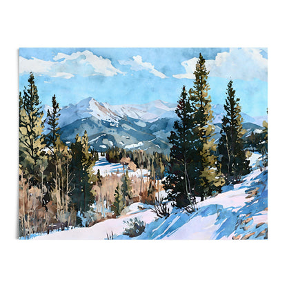 Watercolor painting of a winter mountain landscape featuring snow-covered slopes, evergreen trees, and distant peaks under a bright blue sky with soft white clouds.