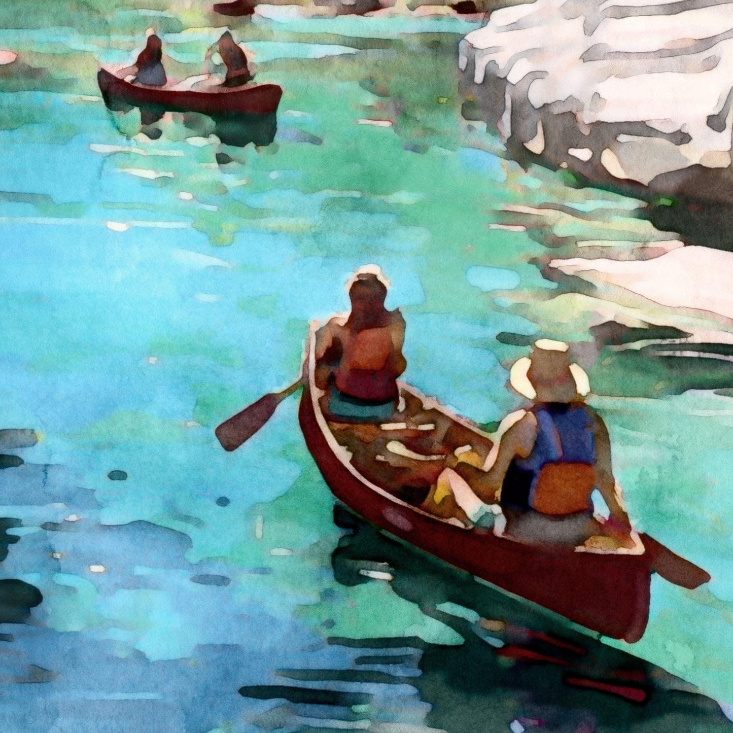Close-up watercolor-style painting of two people in a red canoe on clear turquoise water, one wearing a wide-brimmed hat and life jacket, with another canoe carrying two figures in the background.