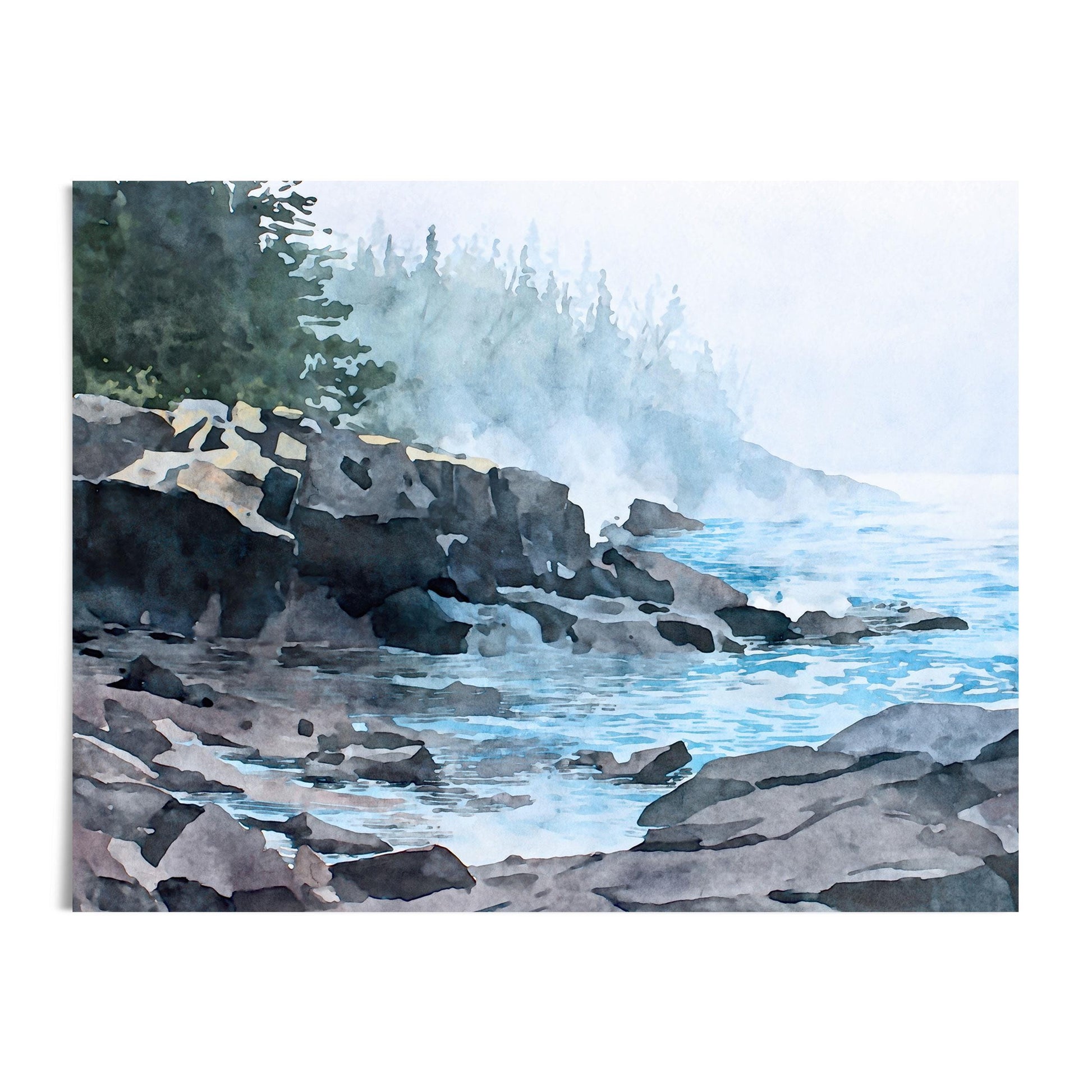Horizontal watercolor-style landscape depicting a misty Lake Superior shoreline. Dark, layered rocky cliffs extend into calm blue water with gentle ripples and reflections. Pale fog drifts across the scene, softening the horizon and partially obscuring a distant evergreen forest. Muted blues, grays, and greens create a serene, atmospheric lakeside mood.