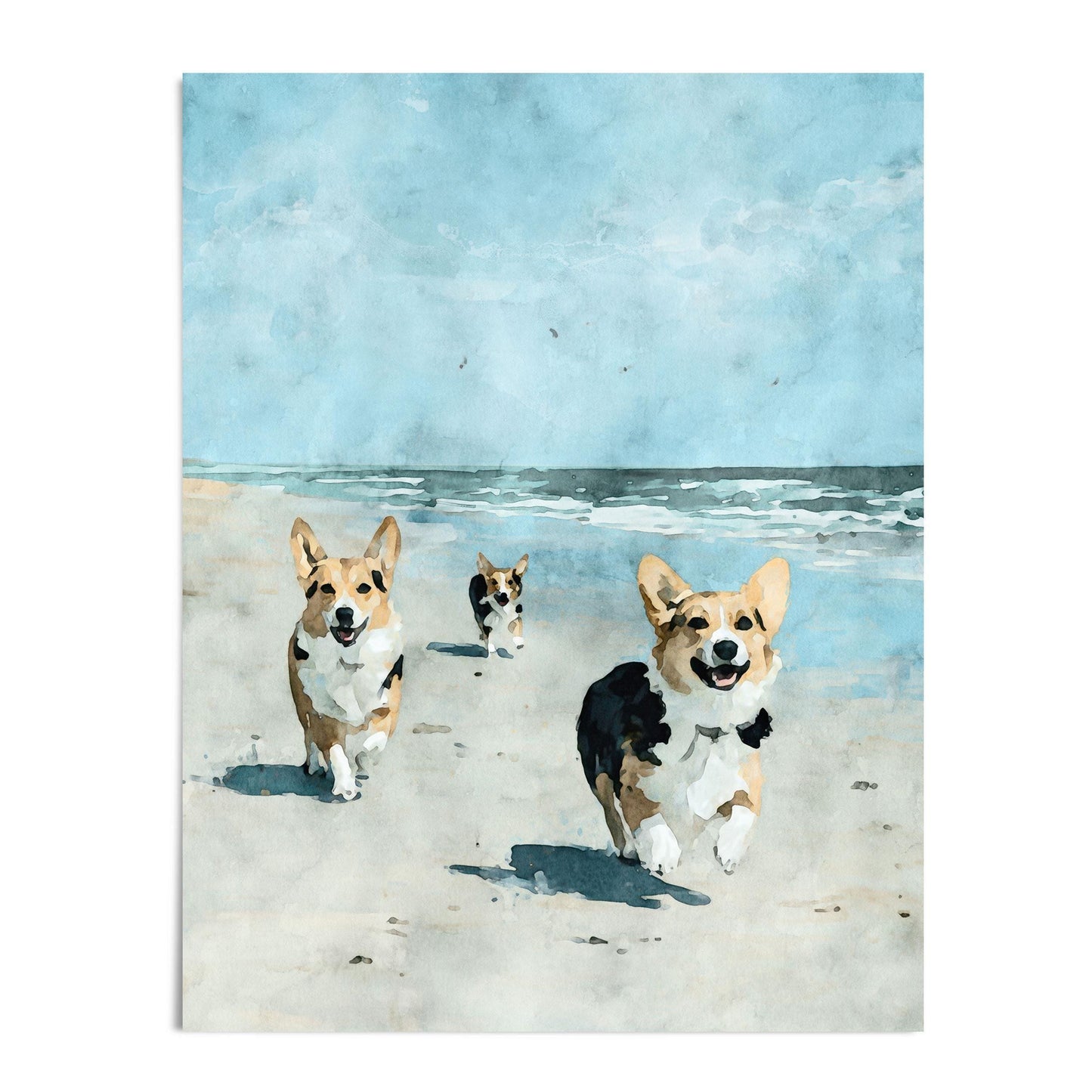 Watercolor painting of three corgis running toward the viewer on a sandy beach, with ocean waves and a bright blue sky in the background.