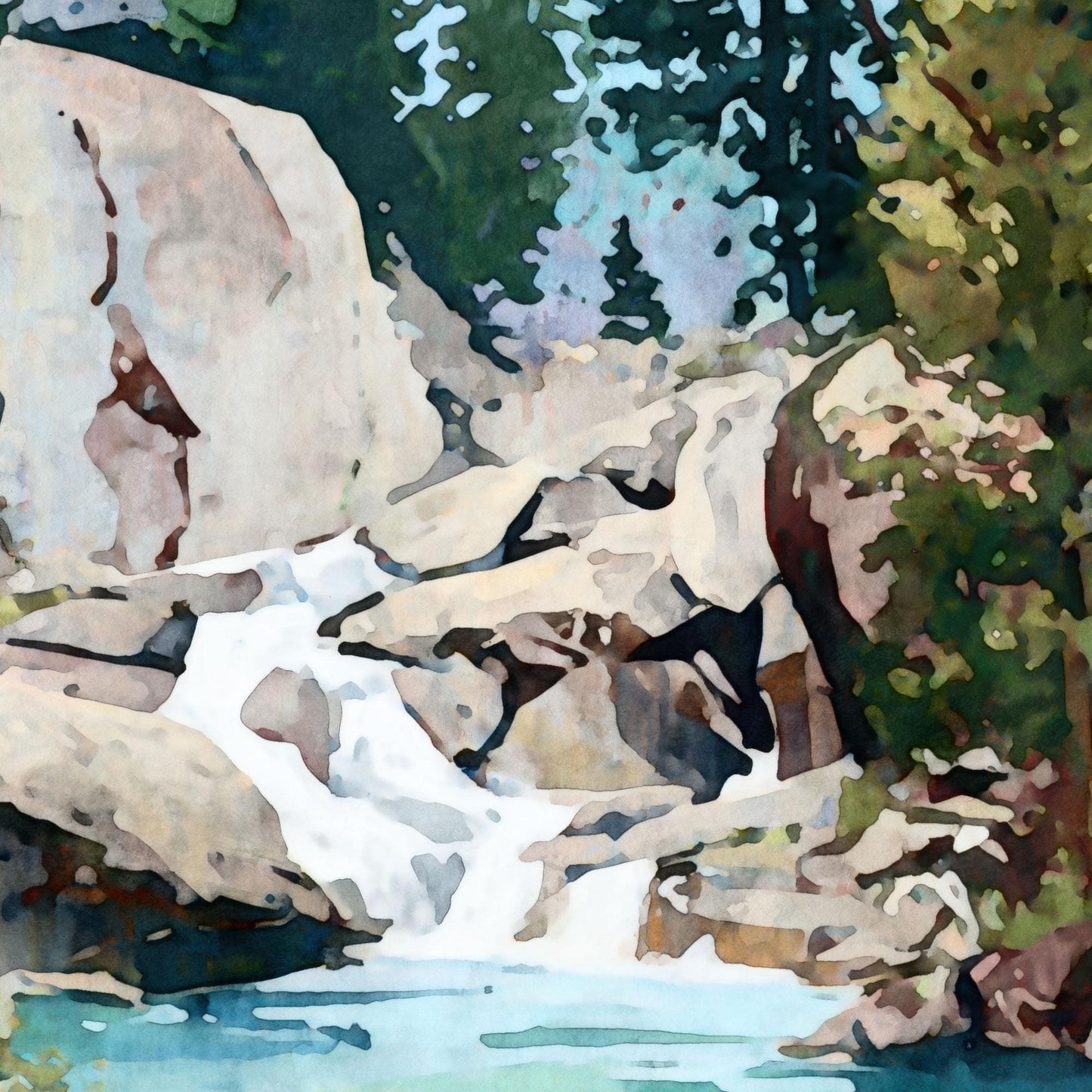 Watercolor painting of a small mountain waterfall cascading over smooth granite rocks into a clear turquoise pool, surrounded by lush green trees and mossy boulders. The soft brushwork and cool color palette evoke a serene alpine atmosphere.
