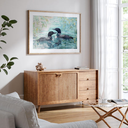 Framed watercolor painting of two loons swimming on a lake, hung above a wooden sideboard in a bright, modern living room. The artwork features black-and-white loons against soft blue-green water with leafy branches overhead. The room includes natural wood furniture, a glass coffee table, and light streaming in through tall windows with white curtains.