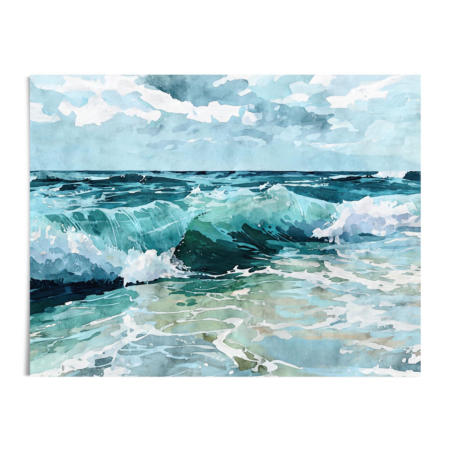 Watercolor painting of rolling ocean waves in shades of turquoise, teal, and deep blue under a partly cloudy sky, with foamy surf and reflections on the sandy shallows.