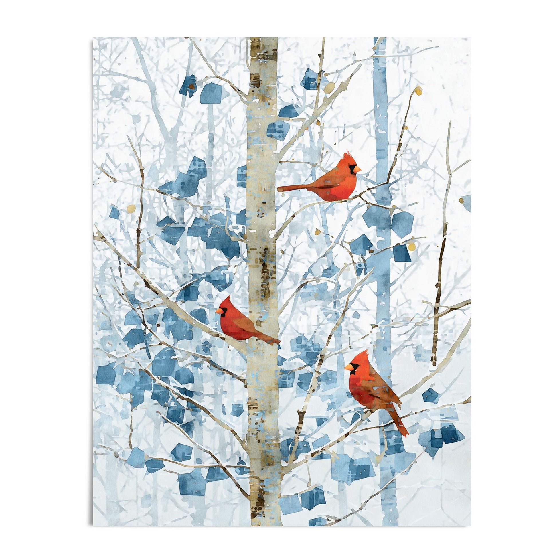 Art print featuring three bright red cardinals perched on slender birch branches in a snowy winter forest. Soft blue, geometric-style leaves and pale tree trunks create a cool, airy backdrop, emphasizing the vivid contrast of the birds against the muted, abstracted landscape.