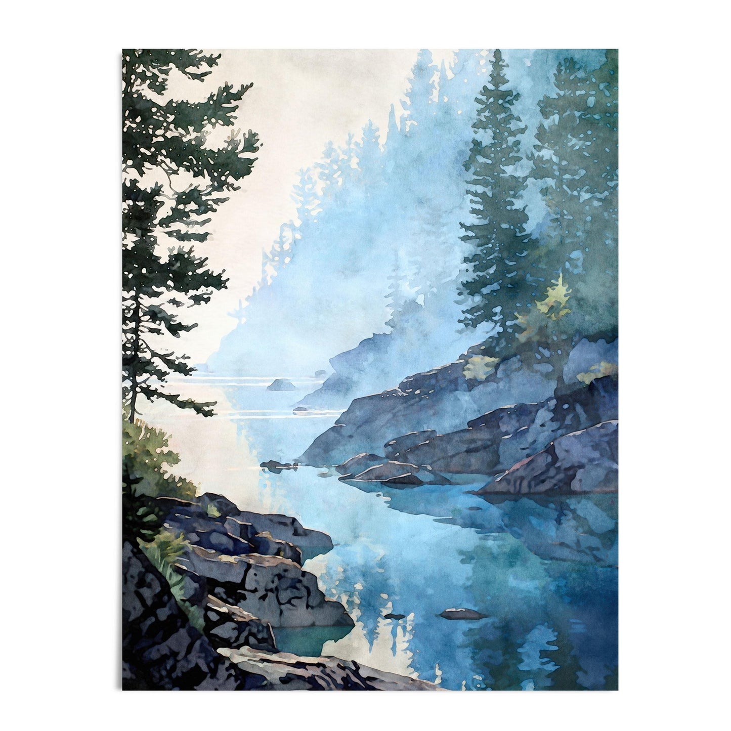 Vertical watercolor-style landscape art print of a misty lakeshore with calm blue water reflecting evergreen trees and rocky shoreline. Soft morning fog drifts through layered pine trees along a quiet inlet, with cool blue and green tones creating a serene, atmospheric forest and lake scene on a clean white background.