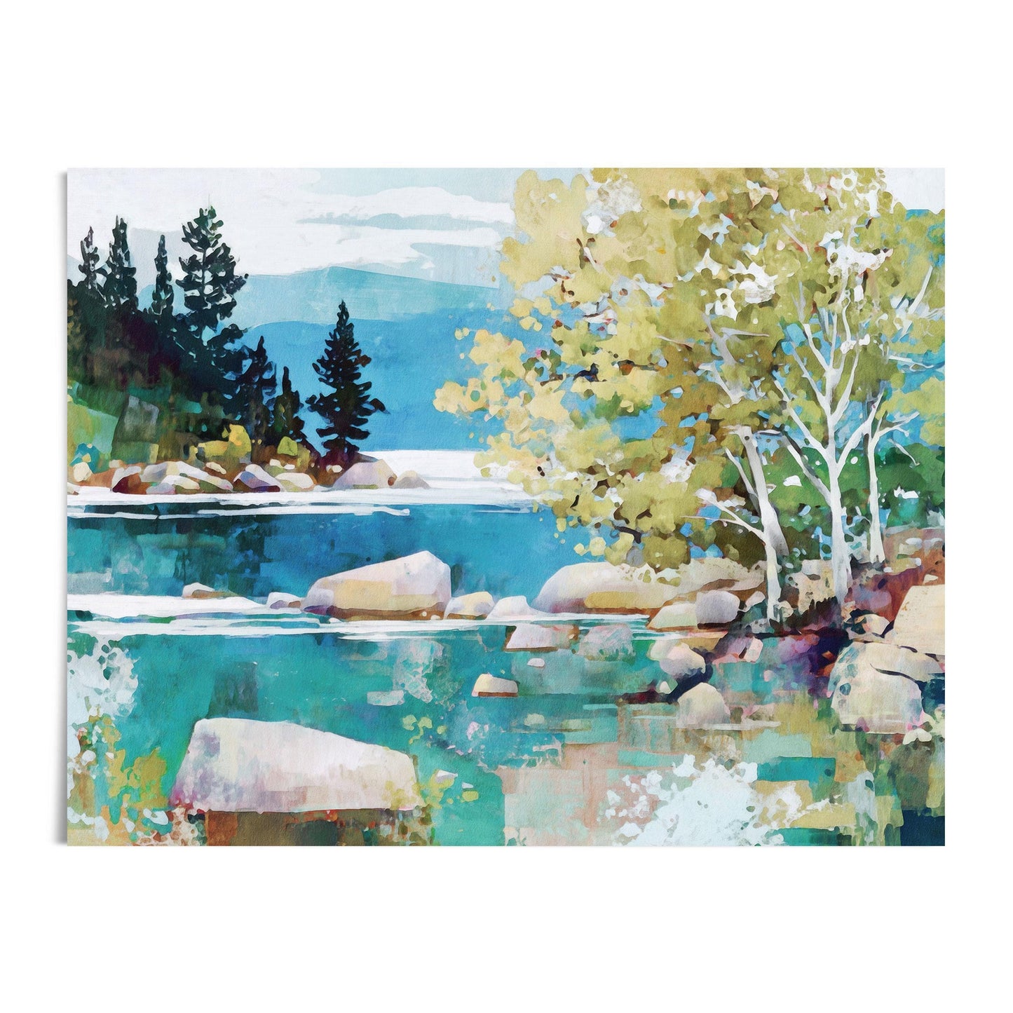 Modern impressionist landscape painting of a turquoise lake surrounded by rocks, with tall pines on the left and leafy green trees on the right. Soft blue mountains rise in the distance beneath a pale sky, creating a serene, vibrant nature scene with bold brushstrokes and layered colors.
