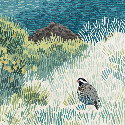 Close-up of a stylized California quail in a sunlit coastal meadow, surrounded by layered strokes of green and cream grass textures. The bird’s detailed plumage contrasts with the soft, abstract patterns of foliage and deep blue water in the background, giving the piece a serene, hand-painted feel.