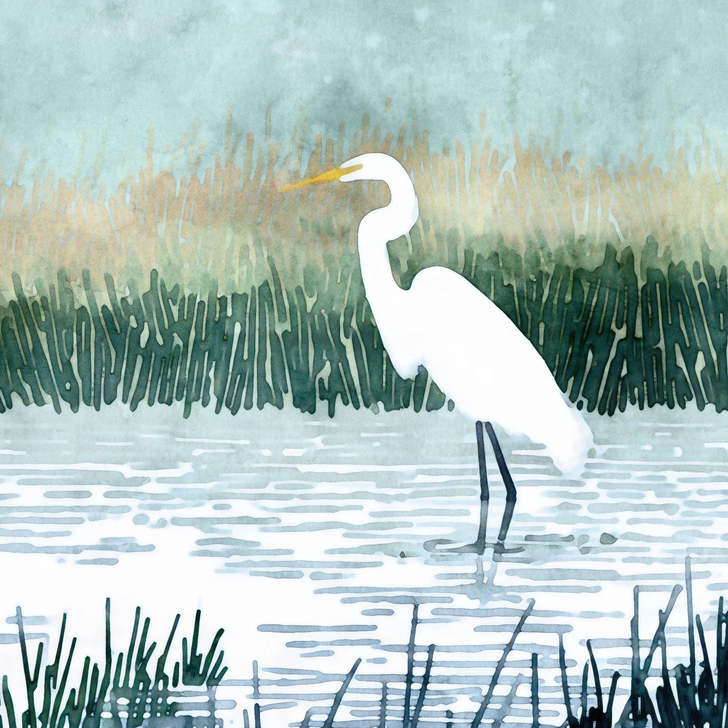Watercolor-style illustration of a white heron standing in shallow water, surrounded by tall marsh grasses in soft green and golden tones, with its reflection faintly visible on the water’s surface.