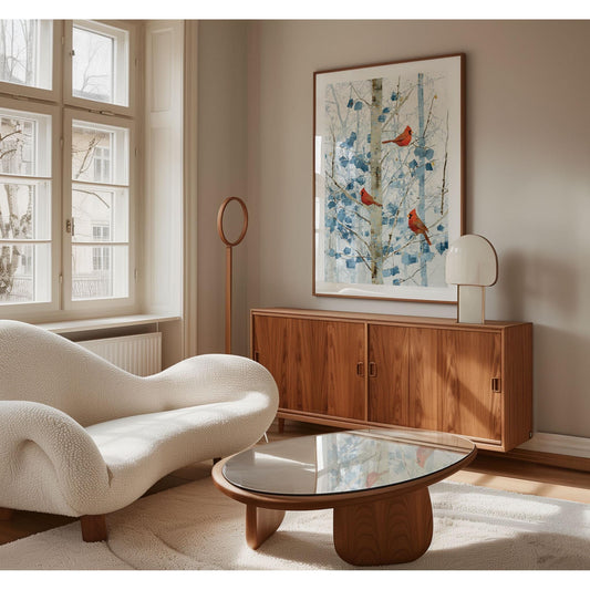 Modern living room with warm wood furniture and a cozy white boucle sofa, featuring a large framed art print of three red cardinals perched among blue-tinted winter branches. The artwork hangs above a mid-century style walnut sideboard, with soft natural light streaming through tall windows and a glass-topped coffee table in the foreground