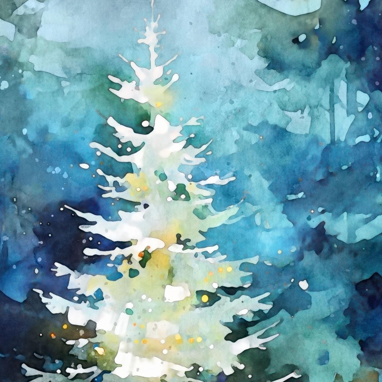 Close-up watercolor of a glowing white Christmas tree with soft yellow lights, set against deep blue and teal forest hues. Fluid brushstrokes and splashes create a dreamy, atmospheric winter scene, with the tree’s bright form standing out against the misty, abstract background.