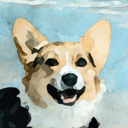 Watercolor painting close-up of a happy corgi with tan and white fur, large upright ears, and an open-mouth smile, set against a soft blue sky background.