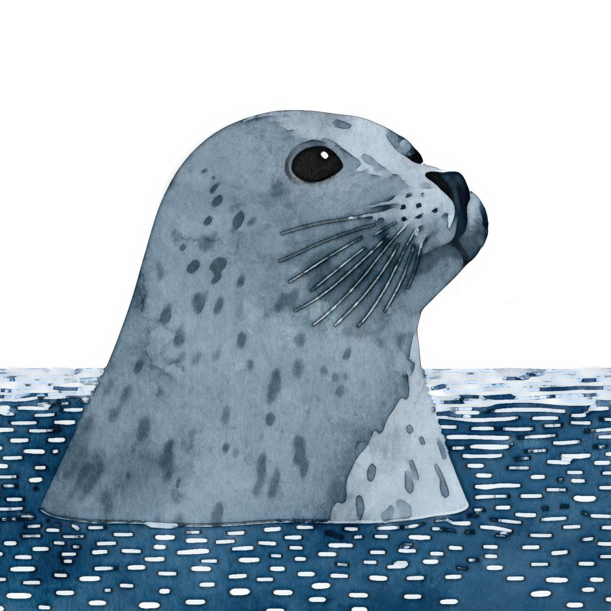 Watercolor illustration of a gray spotted seal with dark eyes and whiskers, its head and neck emerging from deep blue rippling water. The minimal composition features clean lines and a white background, giving the artwork a serene and modern coastal feel.
