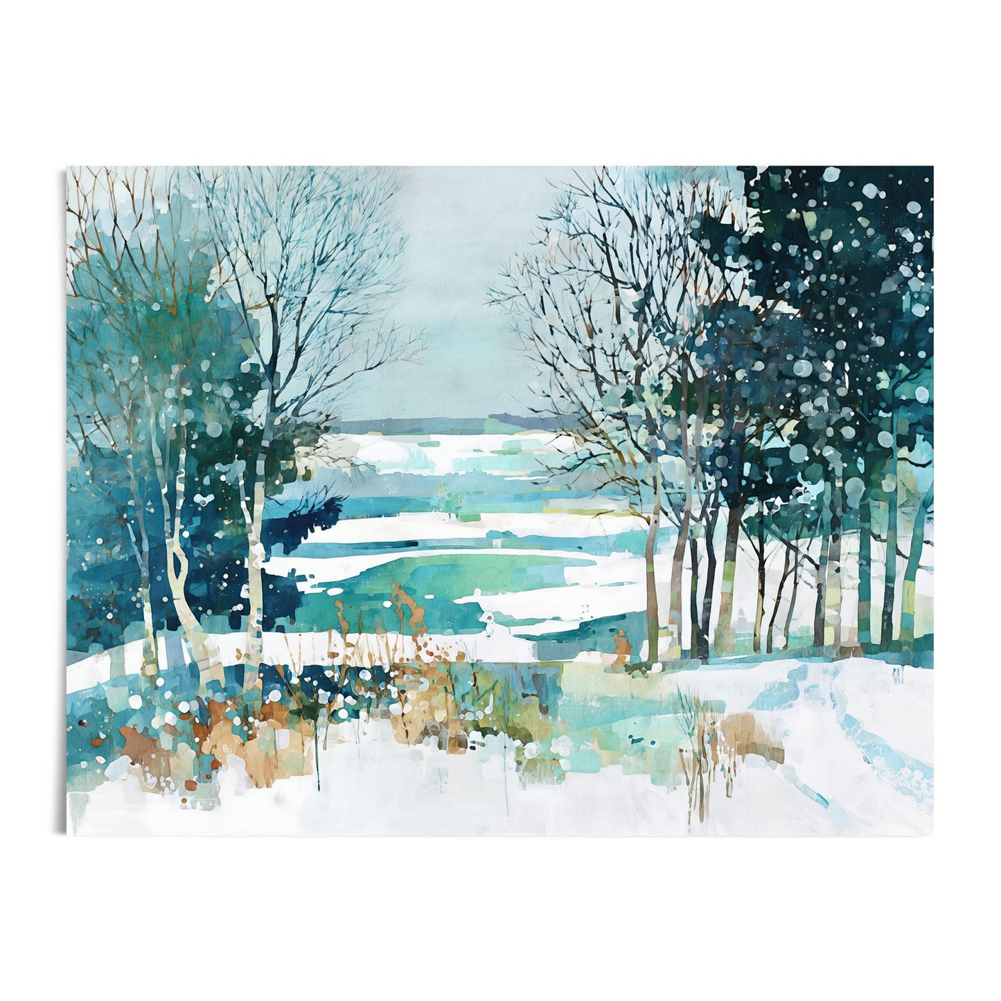 Watercolor painting of a winter landscape with bare trees, evergreens, and snow-covered ground, overlooking a frozen lake in teal, blue, and white hues with abstract brushstrokes and splatter effects.