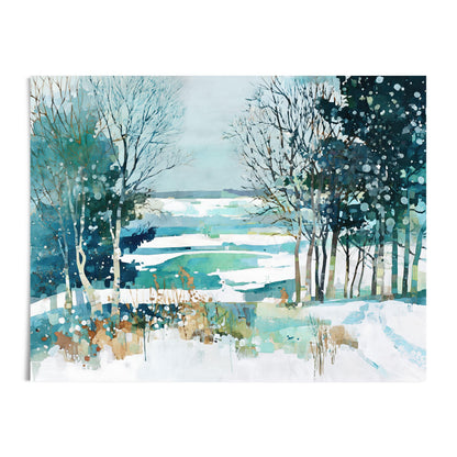 Watercolor painting of a winter landscape with bare trees, evergreens, and snow-covered ground, overlooking a frozen lake in teal, blue, and white hues with abstract brushstrokes and splatter effects.
