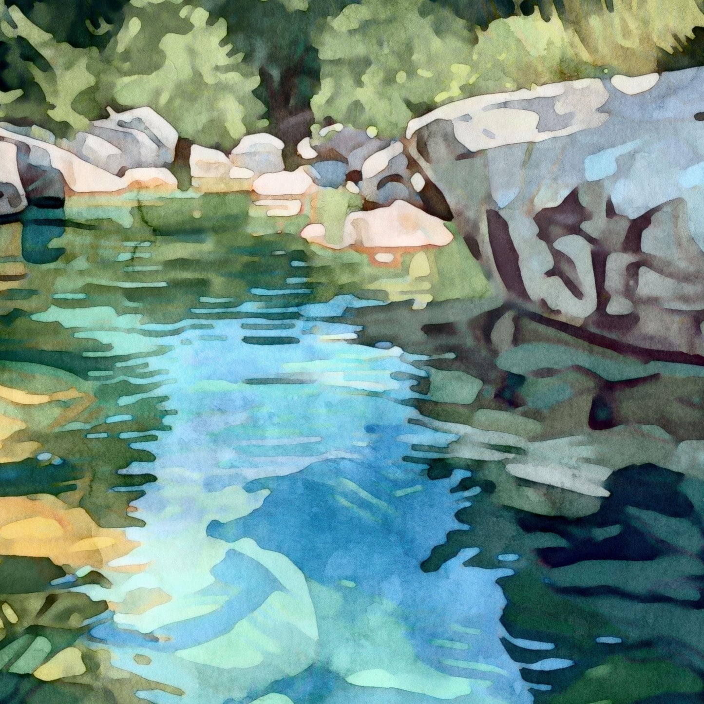 Watercolor-style painting of a tranquil rocky river, featuring turquoise and deep green water with light reflections. Large rocks and boulders line the shore, with leafy green trees in the background. The scene emphasizes the play of color and light across the rippling surface of the water.