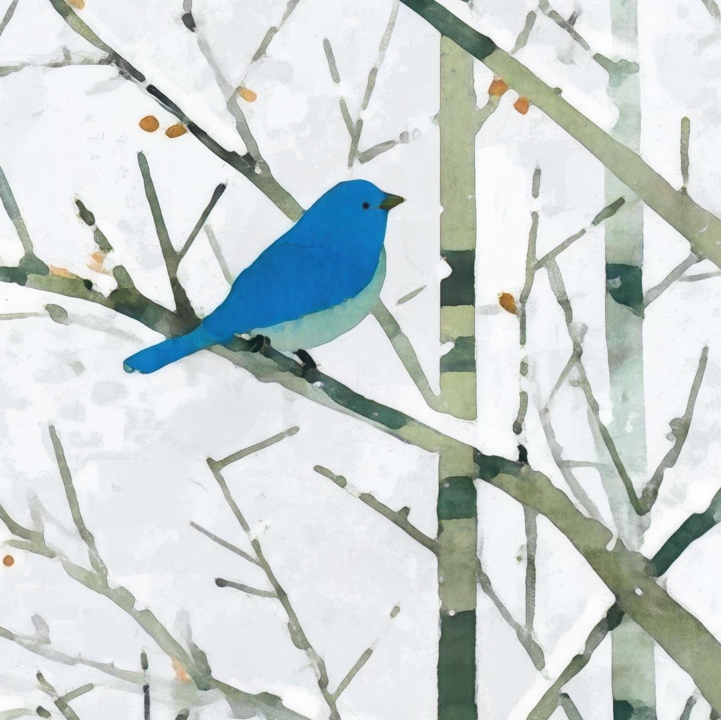 Close-up of a watercolor-style bluebird perched on a bare tree branch against a soft winter background. The bird’s vivid blue and turquoise feathers contrast with the muted green-gray branches and white sky, creating a peaceful, minimalist composition with delicate natural details.