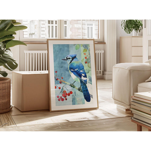Framed watercolor art print of a blue jay perched on a berry branch, leaning against a wall in a bright, modern living room. The bird’s vivid blue and turquoise feathers contrast with clusters of red berries and a patchwork blue-green background. Soft natural light filters through tall windows, highlighting the artwork beside a beige sofa, stacked books, and leafy houseplants for a warm, inviting feel.