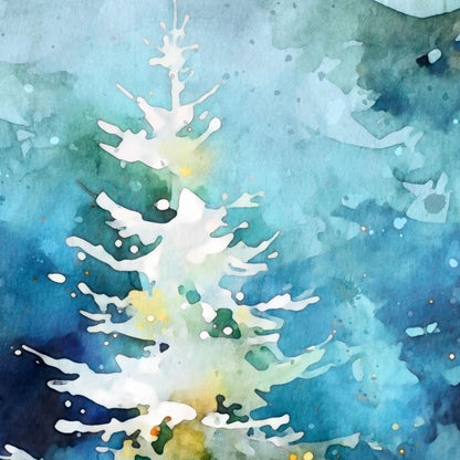 A close-up of a watercolor Christmas tree with soft white branches glowing against a dreamy blue and teal forest wash. Loose brushstrokes, splattered paint, and hints of yellow-green light create an ethereal, wintry atmosphere with a serene, painterly feel.