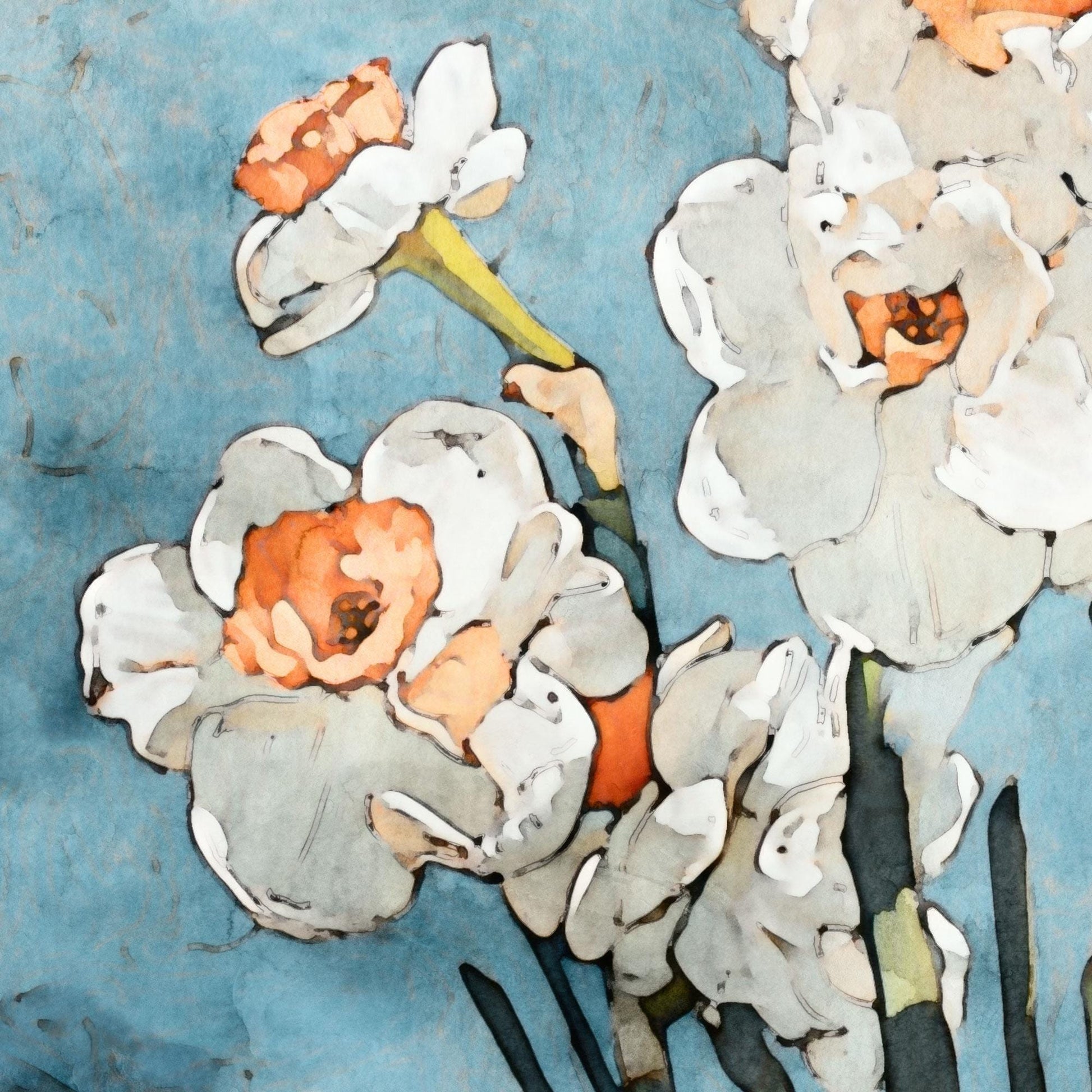 Close-up detail of an art print showing white daffodils with orange centers against a textured blue background, highlighting the watercolor-style brushwork and delicate line details.